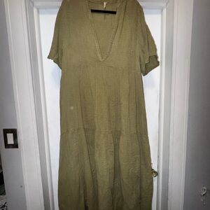 Olive Green 100% Cotton V-Neck Dress